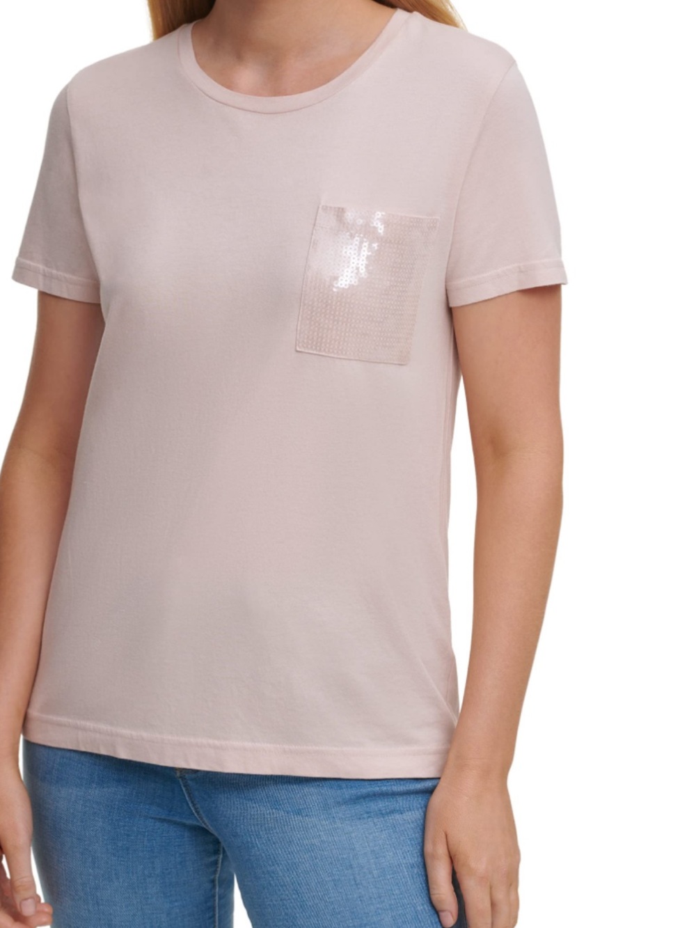 DKNY Light Blush Sequin Pocket Crewneck Tee